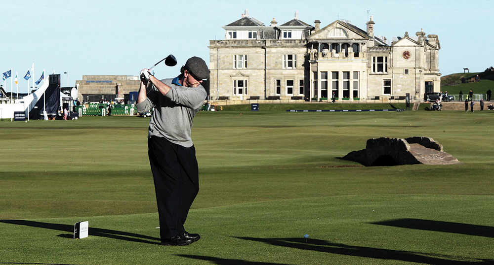 Forever the perfectionist, Aidan Quinn takes his time over a practice swing on the 18th tee of the Old Course at St. Andrews