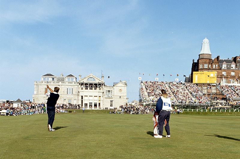 “A straightforward wedge”: Nick Faldo plays up to the 18th green in 1990