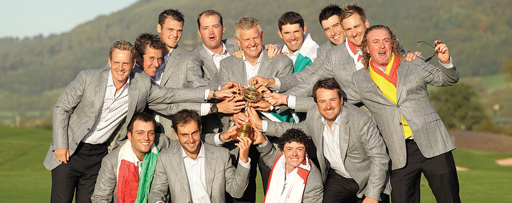 Captain Montgomerie surrounded by his winning team at Celtic Manor in 2010